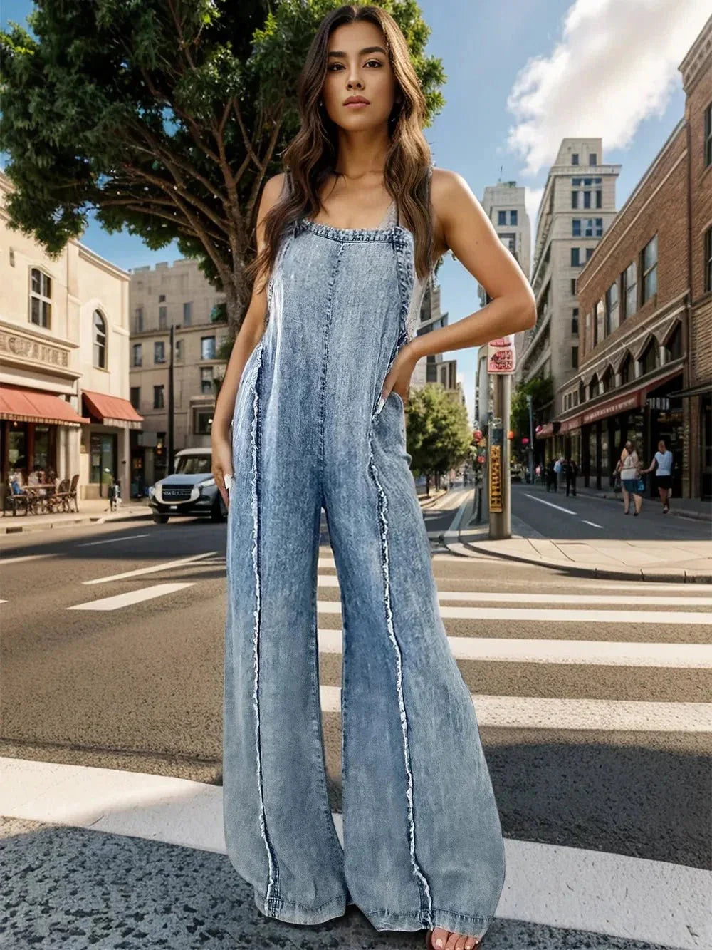 Adjustable Strap Wide Leg Denim Overalls - VILLA FASHION